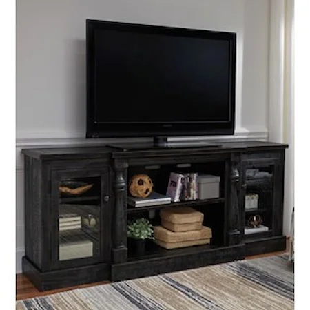Rustic Black Finish XL TV Stand with Turned Pilasters